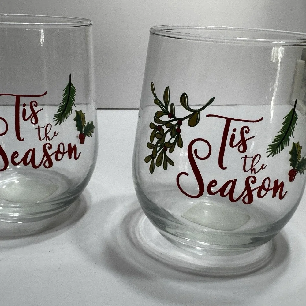 Set 3 Christmas Wine Glass Stemless Hand Painted Holly Berry This The Season New